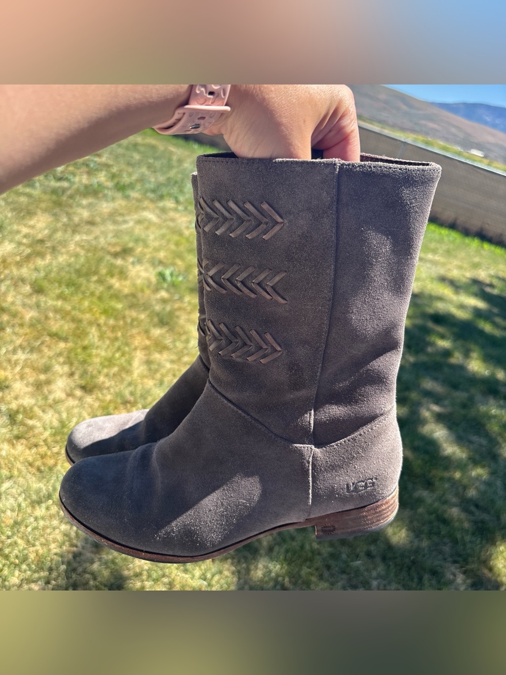 UGG Women's Gray Suede Mid-Calf Braided Detail Boots